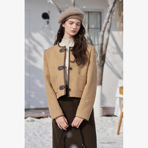 复古暗格纹短款呢子外套女2023秋季设计高级感蘑菇挂耳对扣短上衣V2138927 商品图2
