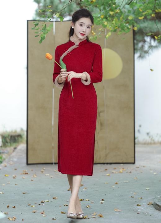 冬季新款，雪尼尔毛领长袖旗袍 日常外出聚会走秀优雅气质旗袍GSJ-3525 商品图1
