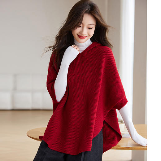 中国风红色斗篷赫本风洋气大衣，女秋冬小个子连帽毛衣外套针织罩衫CC-J368 商品图1