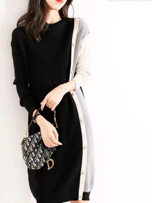 雀说新款气质优雅拼色连衣裙名媛休闲百搭针织打底裙 商品图1