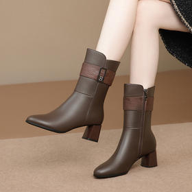 粗跟真皮中筒靴，不过膝长靴TFJC-W176