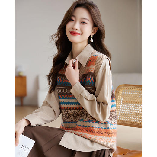 复古V领毛衣马甲背心，女秋冬季叠穿坎肩提花针织上衣马夹短款外穿CC-J369 商品图2