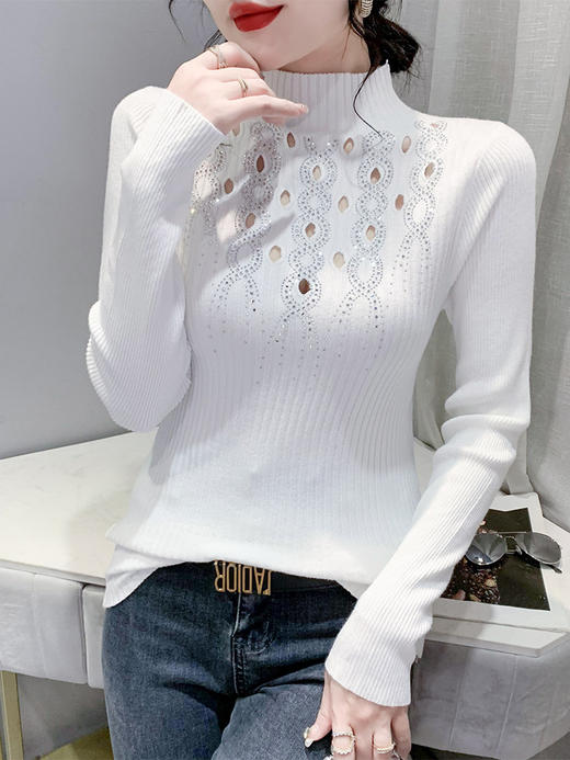 SMZ12244镂空毛衣女内搭冬季欧货重工烫钻上衣半高领紧身针织打底衫女长袖 商品图3