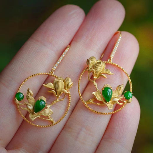 龢盒原创 18k金镶翡翠玉兰花耳环 商品图3