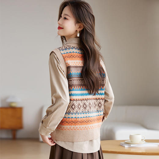 复古V领毛衣马甲背心，女秋冬季叠穿坎肩提花针织上衣马夹短款外穿CC-J369 商品图3