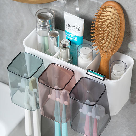 「送挤牙膏器！壁挂式」牙刷置物挤牙膏免打孔牙刷架套装刷牙杯收纳整理置物架套装 商品图1