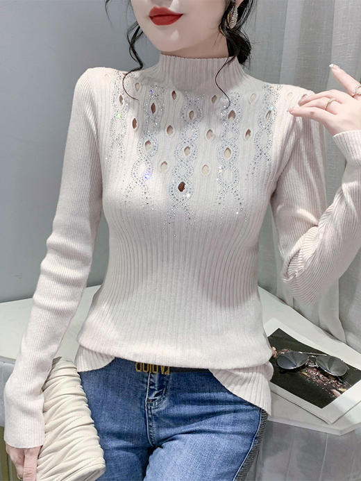 SMZ12244镂空毛衣女内搭冬季欧货重工烫钻上衣半高领紧身针织打底衫女长袖 商品图1
