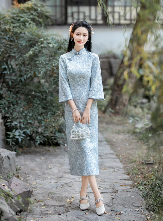 ZAYS-5188冬季羽毛纱改良倒大袖旗袍日常年轻淑女气质旗袍批发 商品图4