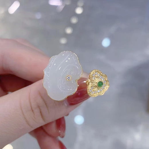 18K黄金和田玉（白玉）镶钻戒指--灵芝如意/如意13*18mm （戒圈请留言备注） 商品图2