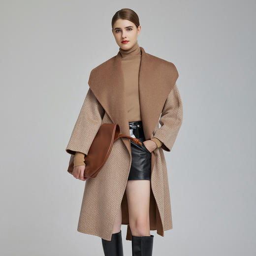 NH964斯尔丽23冬大翻领撞色法式浪漫宽松显瘦既视感波纹双面羊毛大衣 商品图0