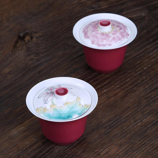 永利汇中式胭脂红家用盖碗单个手绘泡茶器不烫手陶瓷茶碗小清新 商品图0