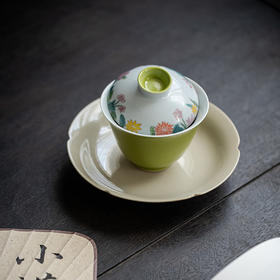 苹果绿手绘夏花盖碗