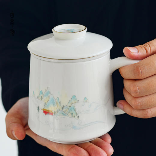 永利汇白瓷办公杯家用陶瓷杯会议杯带盖过滤泡茶杯个人杯马克杯 商品图4