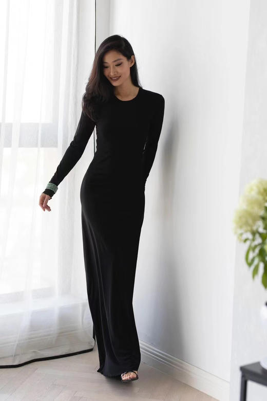 CG｜silk Jersey round neck MAXI Dress 真丝圆领长袖针织连衣裙［ 黑 ] 商品图0