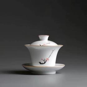 永利汇  茶具绘画黑枝桃仰钟盖碗防烫手三才碗单杯白瓷家用瓷盖碗