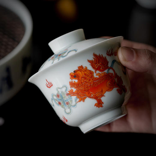 永利汇矾红狮子滚绣球盖碗茶杯单个家用陶瓷三才碗不烫手功夫中式 商品图2