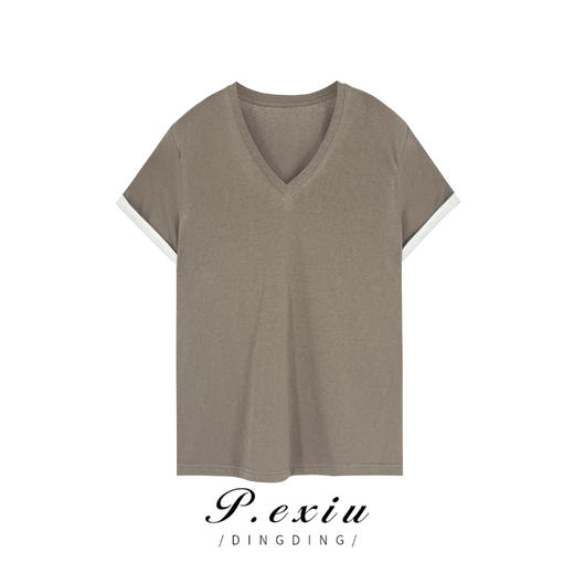 01-1 潘依绣丁丁宠粉夏季V领纯色休闲舒适百搭显瘦短袖T恤 W-61321 商品图0