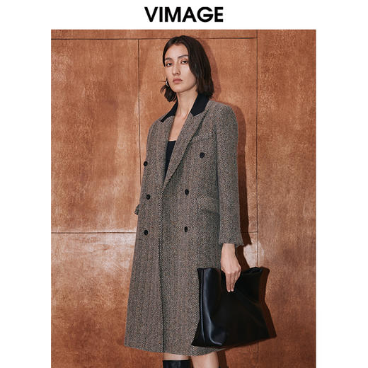 VIMAGE纬漫纪冬季新款经典撞色洋气长款大衣外套V2014613 商品图3