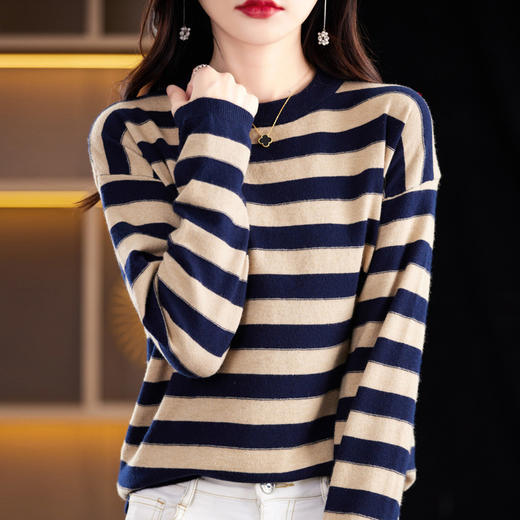 百媚生 条纹圆领针织衫落肩袖打底衫H330 商品图2
