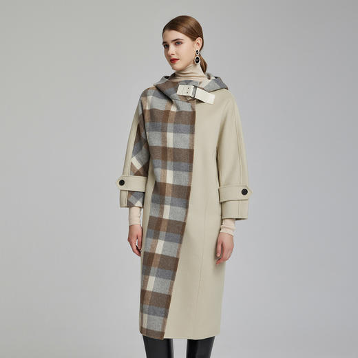 NH963斯尔丽23冬新款时尚保暖羊毛大衣连帽拼格子宽松显瘦双面呢长大衣 商品图0