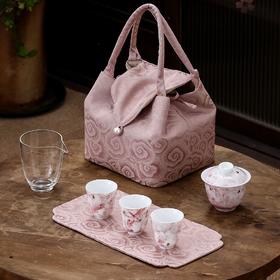 永利汇手提式布袋包便携茶具套装盖碗主人杯刺绣款旅行套装茶具茶巾垫