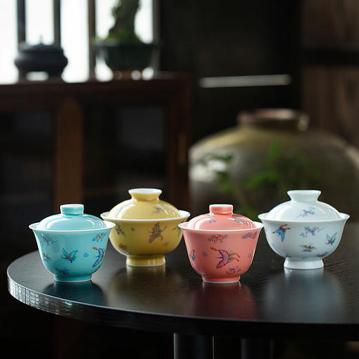 永利汇粉色蝶恋花盖碗茶杯套装不烫手三才碗单个功夫茶具家用 商品图0