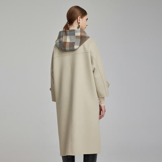 NH963斯尔丽23冬新款时尚保暖羊毛大衣连帽拼格子宽松显瘦双面呢长大衣 商品图1