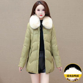 时尚皮羽绒服狐狸毛领，中长款保暖羽绒服QYM-YM-B9806-Y