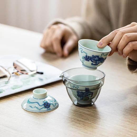 永利汇仿古青花防烫玻璃旅行套单人户外便携陶瓷快客杯一壶两杯 商品图1