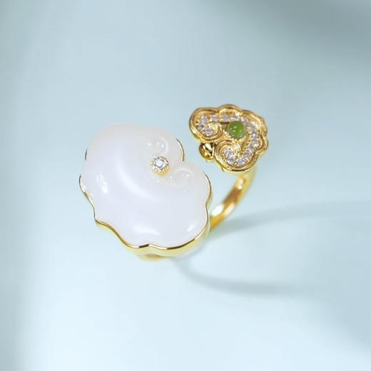 18K黄金和田玉（白玉）镶钻戒指--灵芝如意/如意13*18mm （戒圈请留言备注） 商品图0