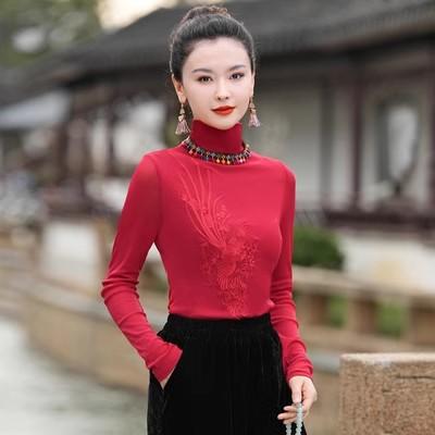 A8061# 新中式国风高级国潮双层网纱立领长袖刺绣T恤女打底衫 商品图1