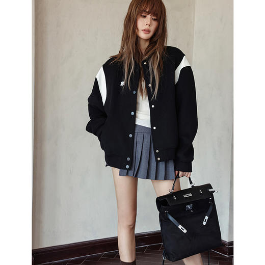 SOMESOWE 皮革拼接刺绣羊毛毛呢廓形棒球服外套S2306228[福利品] 商品图0