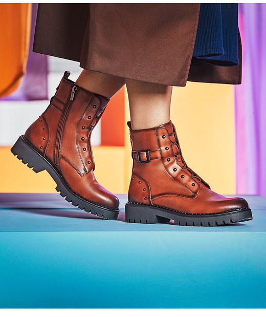 Pikolinos派高雁23冬季牛皮圆头粗跟系带英伦马丁靴 商品图1