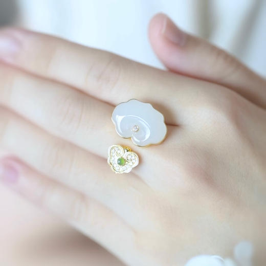 18K黄金和田玉（白玉）镶钻戒指--灵芝如意/如意13*18mm （戒圈请留言备注） 商品图1