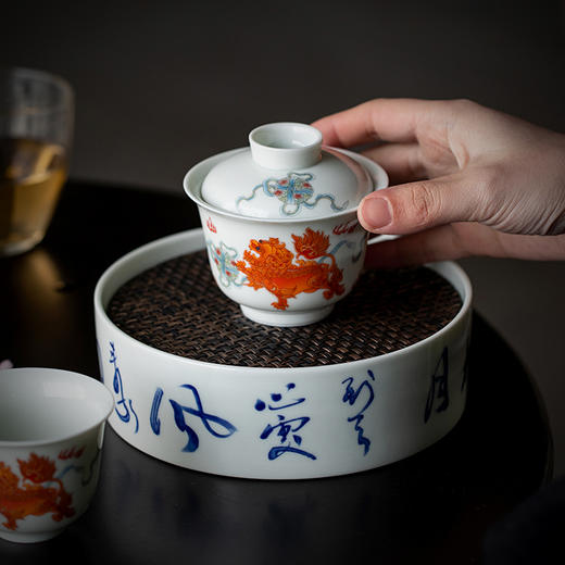 永利汇矾红狮子滚绣球盖碗茶杯单个家用陶瓷三才碗不烫手功夫中式 商品图4