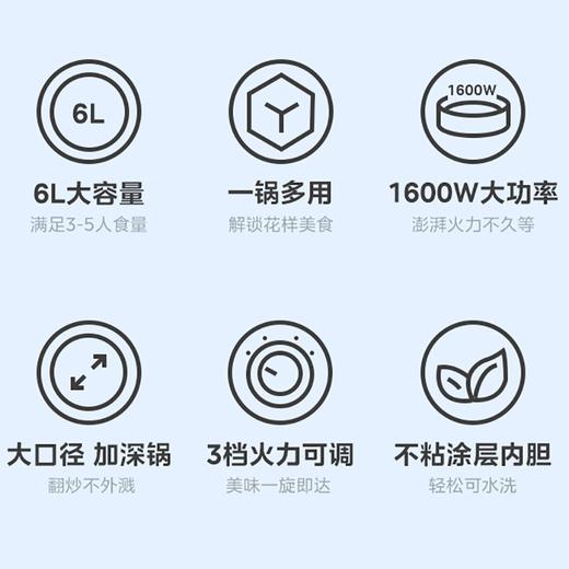 美的（Midea）电火锅学生宿舍电煮锅3-5人多用途锅家用6L大容量电热锅不粘涂层内胆3档火力煎炸煮涮多功能一体锅 【适合3-5人】HGE3002 商品图3