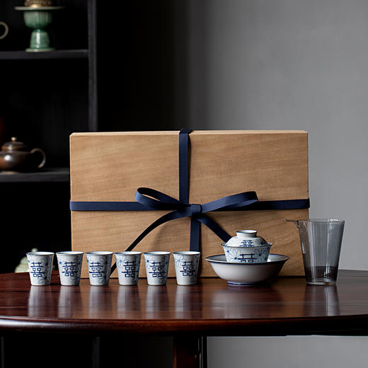 永利汇功夫茶具陶瓷中式套装家用简约客厅盖碗茶杯桐木礼盒盒装 商品图0