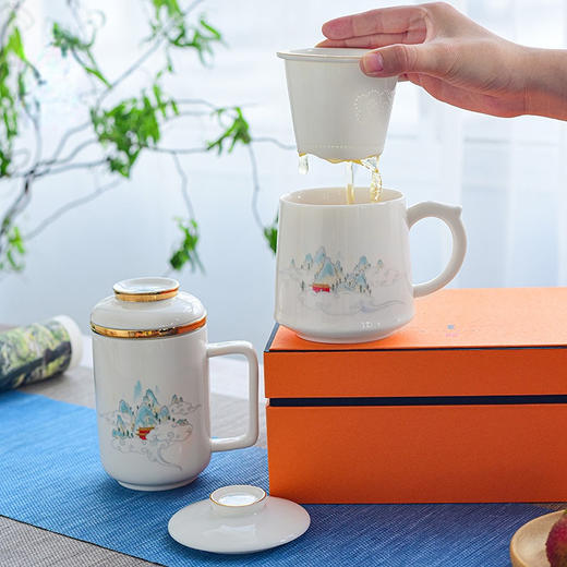 永利汇白瓷办公杯家用陶瓷杯会议杯带盖过滤泡茶杯个人杯马克杯 商品图3