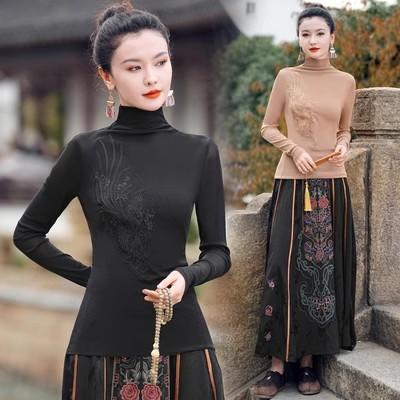 A8061# 新中式国风高级国潮双层网纱立领长袖刺绣T恤女打底衫 商品图2