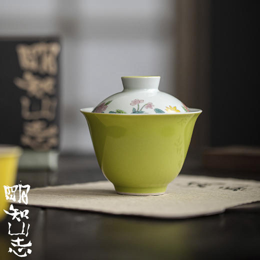 永利汇苹果绿手绘夏花盖碗中式陶瓷茶器系夏日泡茶碗家用色釉瓷 商品图0