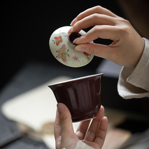 永利汇紫色手绘蝴蝶盖碗茶杯女士高颜值陶瓷泡茶碗女士茶具手工 商品图1