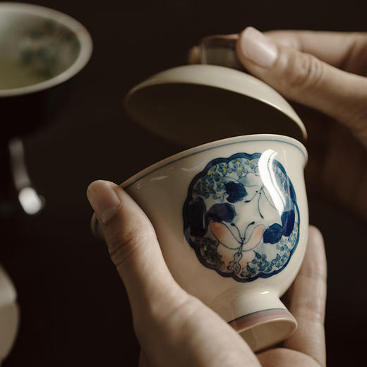 永利汇无落手绘开窗兰花盖碗复古秘釉泡茶碗手工陶瓷茶碗茶杯茶具 商品图1