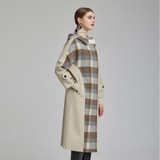 NH963斯尔丽23冬新款时尚保暖羊毛大衣连帽拼格子宽松显瘦双面呢长大衣 商品图2
