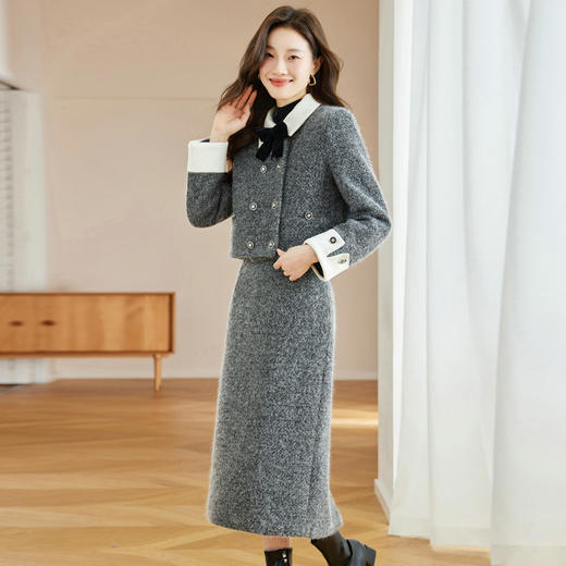 2023冬上新气质时尚小香风白鸭绒加厚保暖上衣+半身裙两件套HR-WW52209 商品图1