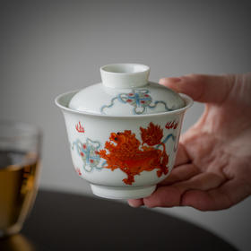 永利汇矾红狮子滚绣球盖碗茶杯单个家用陶瓷三才碗不烫手功夫中式
