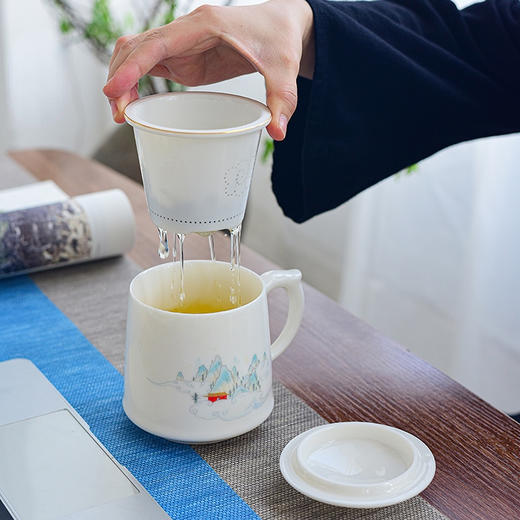 永利汇白瓷办公杯家用陶瓷杯会议杯带盖过滤泡茶杯个人杯马克杯 商品图1