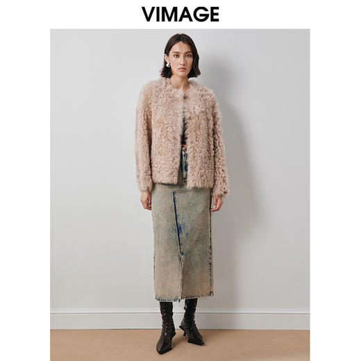 VIMAGE纬漫纪冬季新款气质修身羊毛羊皮革外套大衣V2093605 商品图1