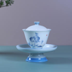 永利汇新品茶具手绘寿桃盖碗功夫茶具釉下彩青花家用白瓷单个泡茶碗中式