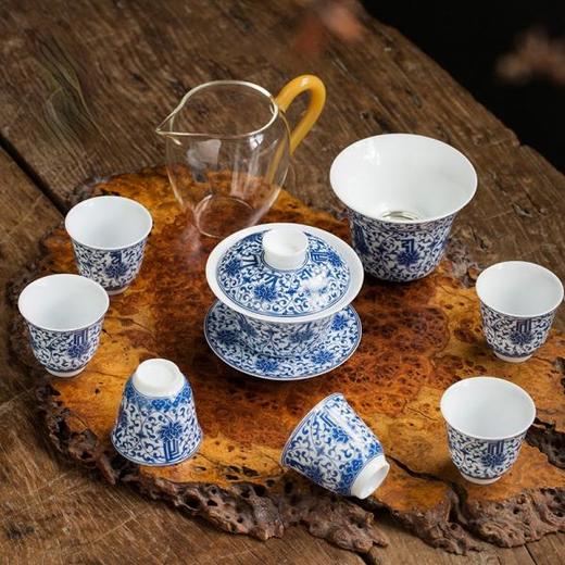 永利汇青花缠枝莲盖碗三才碗手抓碗品茗杯茶漏功夫茶具套组礼盒装复古 商品图3