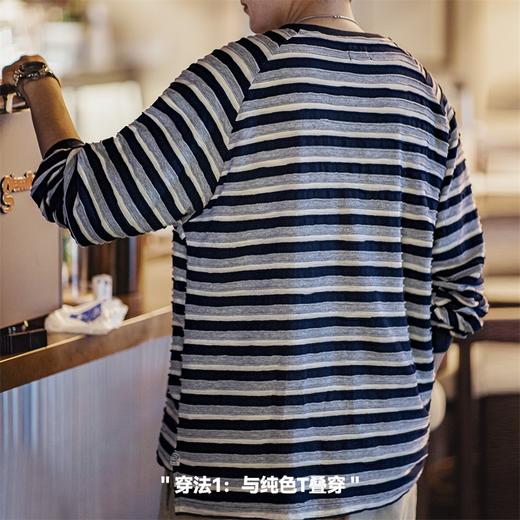 马登工装 美式休闲海浪立体条纹T恤撞色圆领插肩袖针织打底衫男秋 商品图3